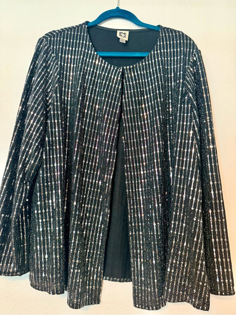 Anne Klein Black and Silver Sequin Open-Front Jacket